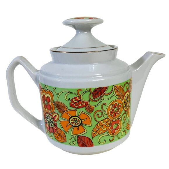Retro 70s MCM Tea Pot Orange Flower Child Mod Groovy Motif Daisy Kitchen Decor - Picture 13 of 13